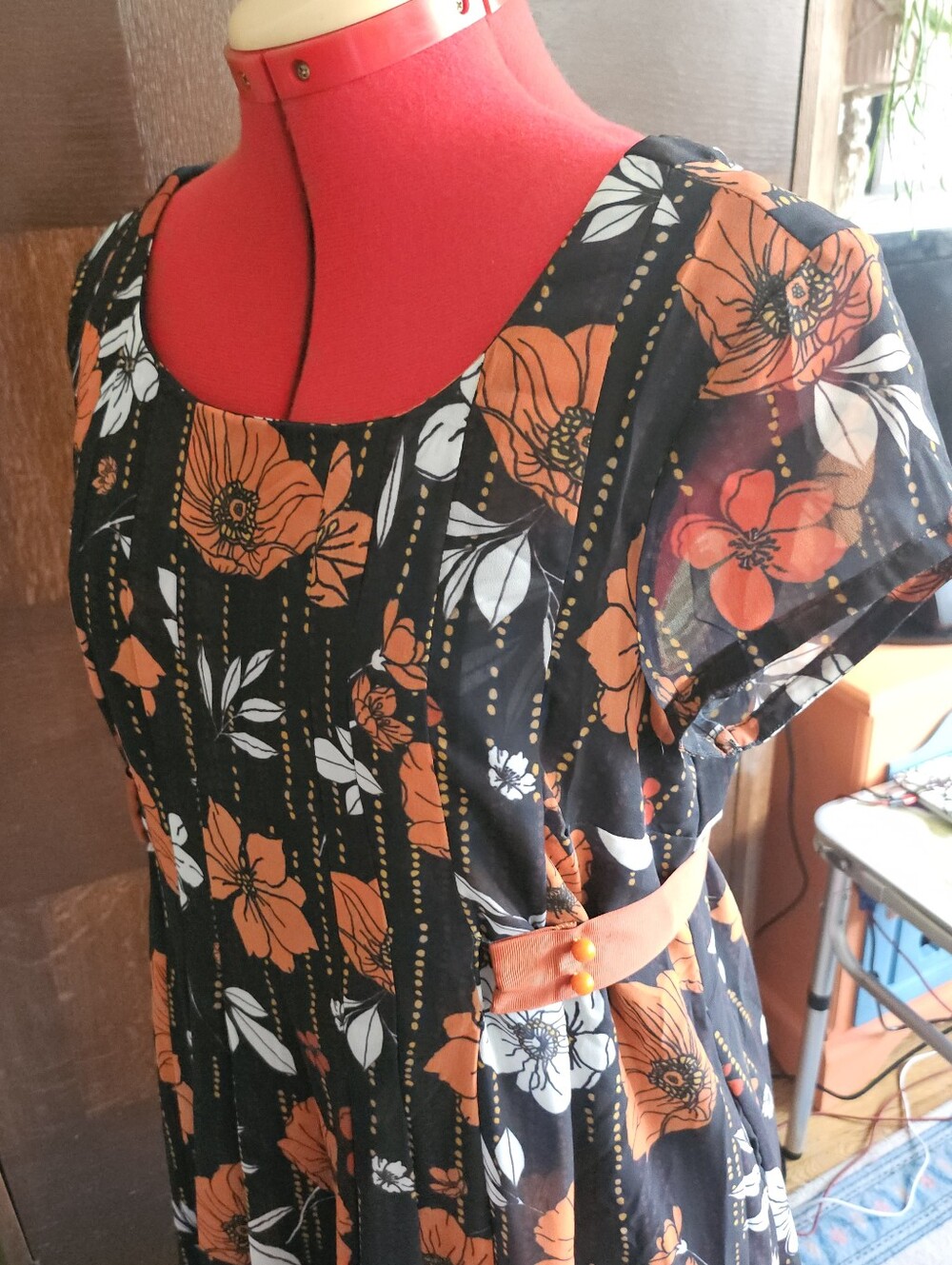 eshakti Black Floral Fit-and-Flare Dress with Orange Poppy Print